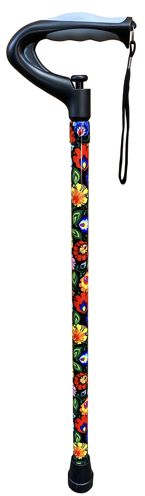 Walking Stick Dark Floral Push Button Adjustable 66-106cm