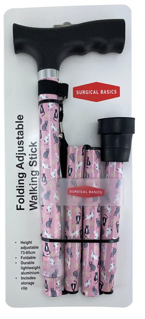 Folding Adjustable Walking Stick 73-85cm Cats Design With Strap