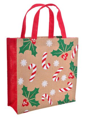 Xmas Jute Holly & Cane Bag Medium