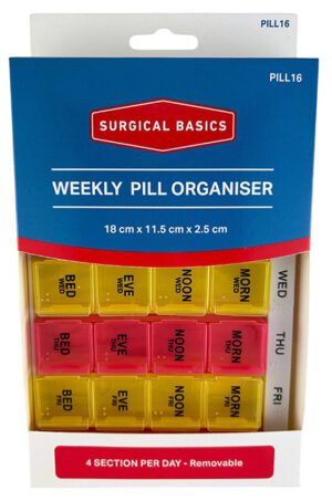 Surgical Basics Pill Box 7 Days 4 Per Day Removable (morn/noon/eve/bed) 18 X 11.5 X 2.5cm