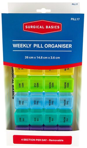 Surgical Basics Pill Box Large 7 Days 4 Per Day (morn/noon/eve/bed) 26 X 15 X 4cm