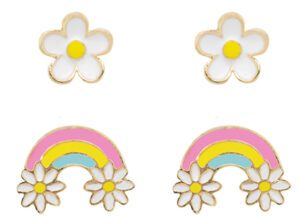 Gold Daisy & Rainbow Enamel (2 Pairs)