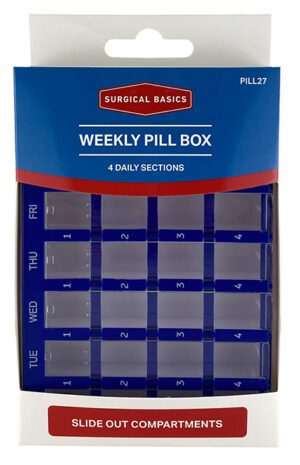 Surgical Basics Weekly Pill Box 4 Daily Section With Slide Open Lids 15.5x10.5x2.8cm