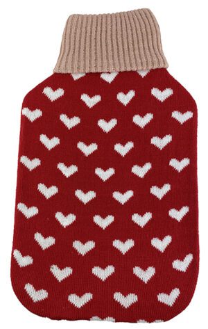 Hot Water Bottle Cover Knit Red With White Hearts - Fits Standard 2l Bottle