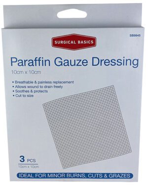 Surgical Basics Paraffin Gauze 10 X 10cm 3pk For Minor Burns Ulcers And Sores. Enables Wound Fluid To Drain Cut To Required Size.