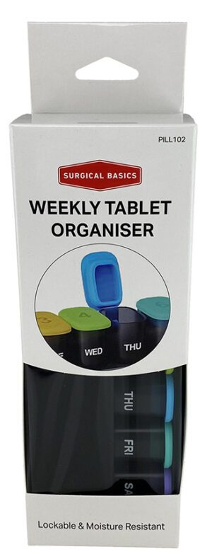 Surgical Basics Pill & Vitamin Planner Weekly Lockable 21.2 X 7.6 X 6.1cm - Large Daily Section With Silicone Lid