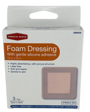 Surgical Basics Foam Dressing Silicone Adhesive 5 X 5cm 3 Pack