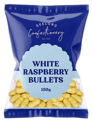Geelong Confectionery White Raspberry Bullets 150g